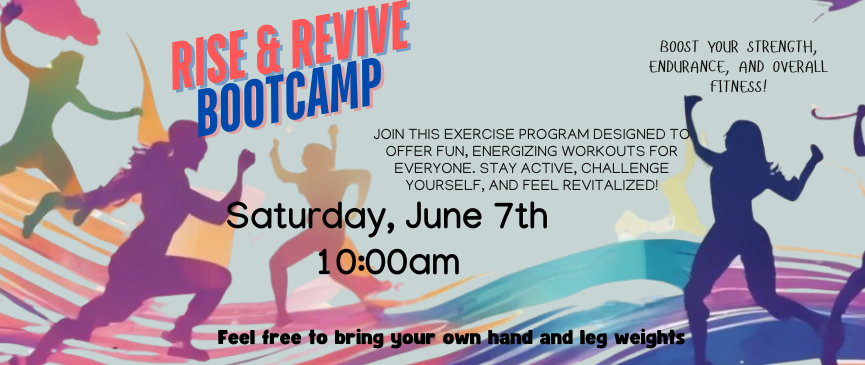 Rise and Revive Bootcamp for adults on Saturday June 7th 10 am. Join this exercise program to improve strength, endurance, and overall fitness. This program is designed for all fitness levels and offers a variety of fun, energizing workouts. Feel free to bring your own hand weights Please note: This session will take place on the grass by the Municipal building
