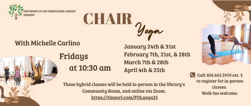 With Michelle Carlino Fridays at 10:30 am January 24th & 31st February 7th, 21st, & 28th March 7th & 28th April 4th & 25th to register for in-person classes.