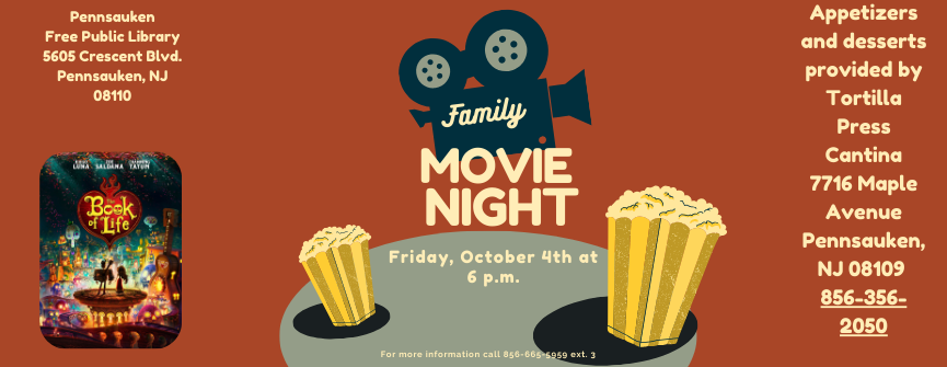 Join us at 6 pm for an after-hours movie event. We will be screening The Book of Life. Appetizers and desserts will be provided by Tortilla Press Cantina.