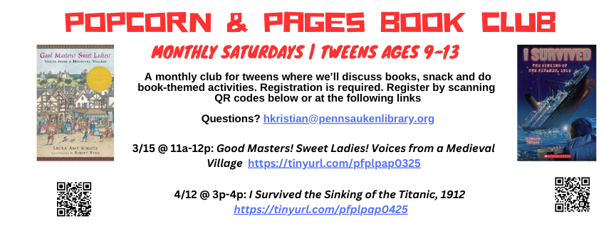 Popcorn & Pages Tween Book Club on April 12 from 3 to 4